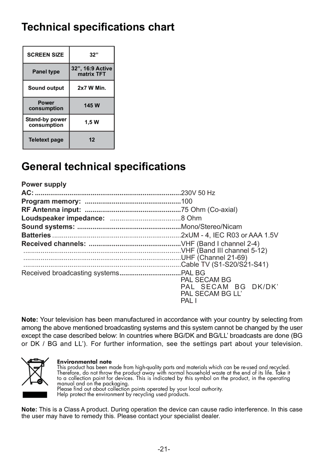 Grundig AMIRA32HDBLK manual Power supply, Program memory, RF Antenna input, Sound systems, Received channels 