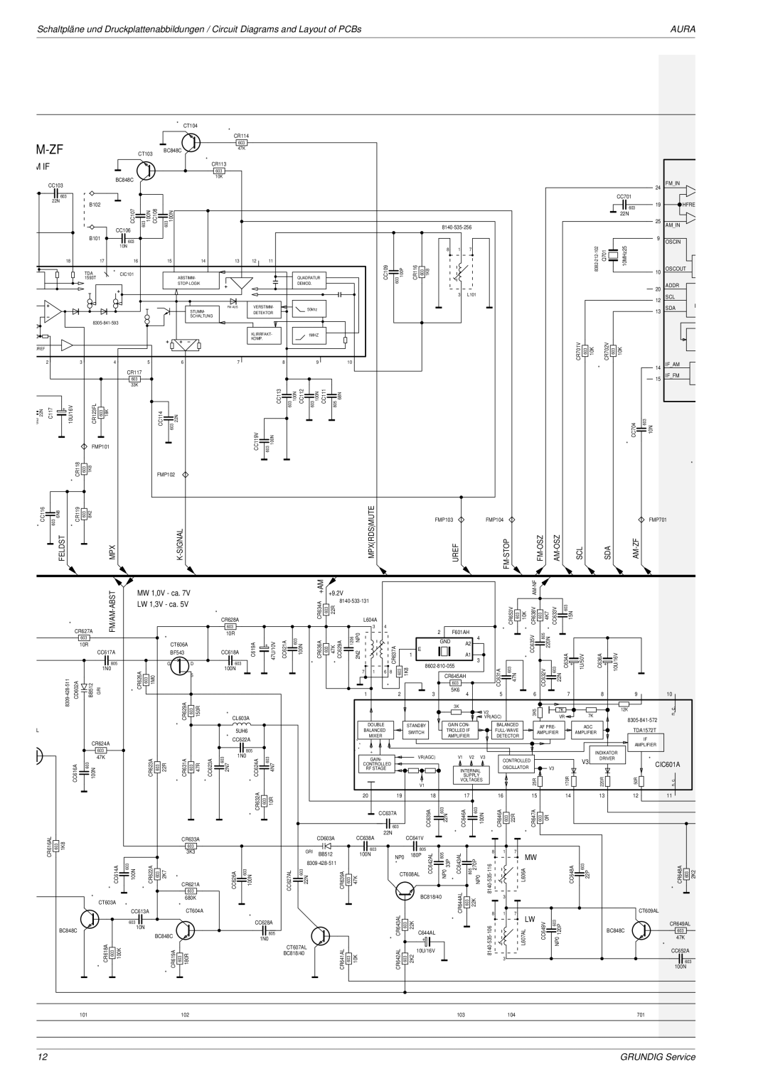 Grundig Aura service manual Signal Feldst MPX Mpxrdsmute, Uref FM-STOP FM-OSZ AM-OSZ SCL SDA AM-ZF, Abst, +Am, CIC601A 