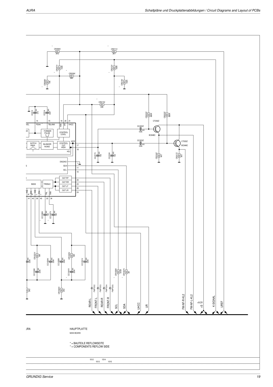 Grundig Aura URA Hauptplatte, = Bauteile Reflowseite = Components Reflow Side, REAR-L FRONT-L REAR-R FRONT-R SCL SDA Uhcc 