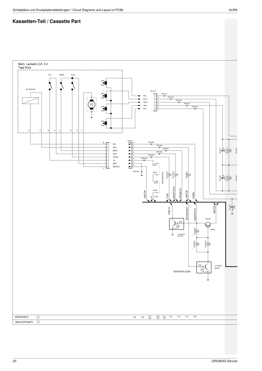 Grundig Aura service manual Kassetten-Teil / Cassette Part, Messpunkte Abgleichpunkte, Tb-Motor-Logik 