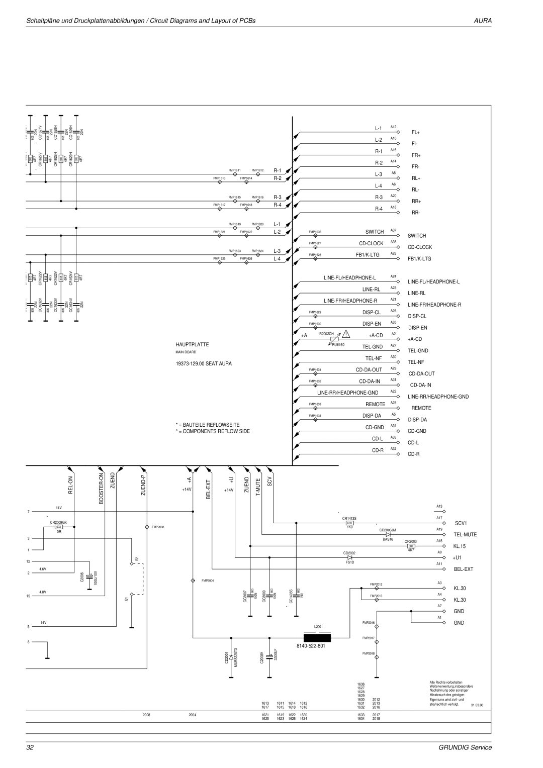 Grundig Aura FB1/K-LTG, Line-Fl/Headphone-L, TEL-NF FMP1631CD-DA-OUT, Cd-Gnd Cd-L Cd-R, Fl+, Fr+, Rl+, Rr+, Switch, Tel-Nf 