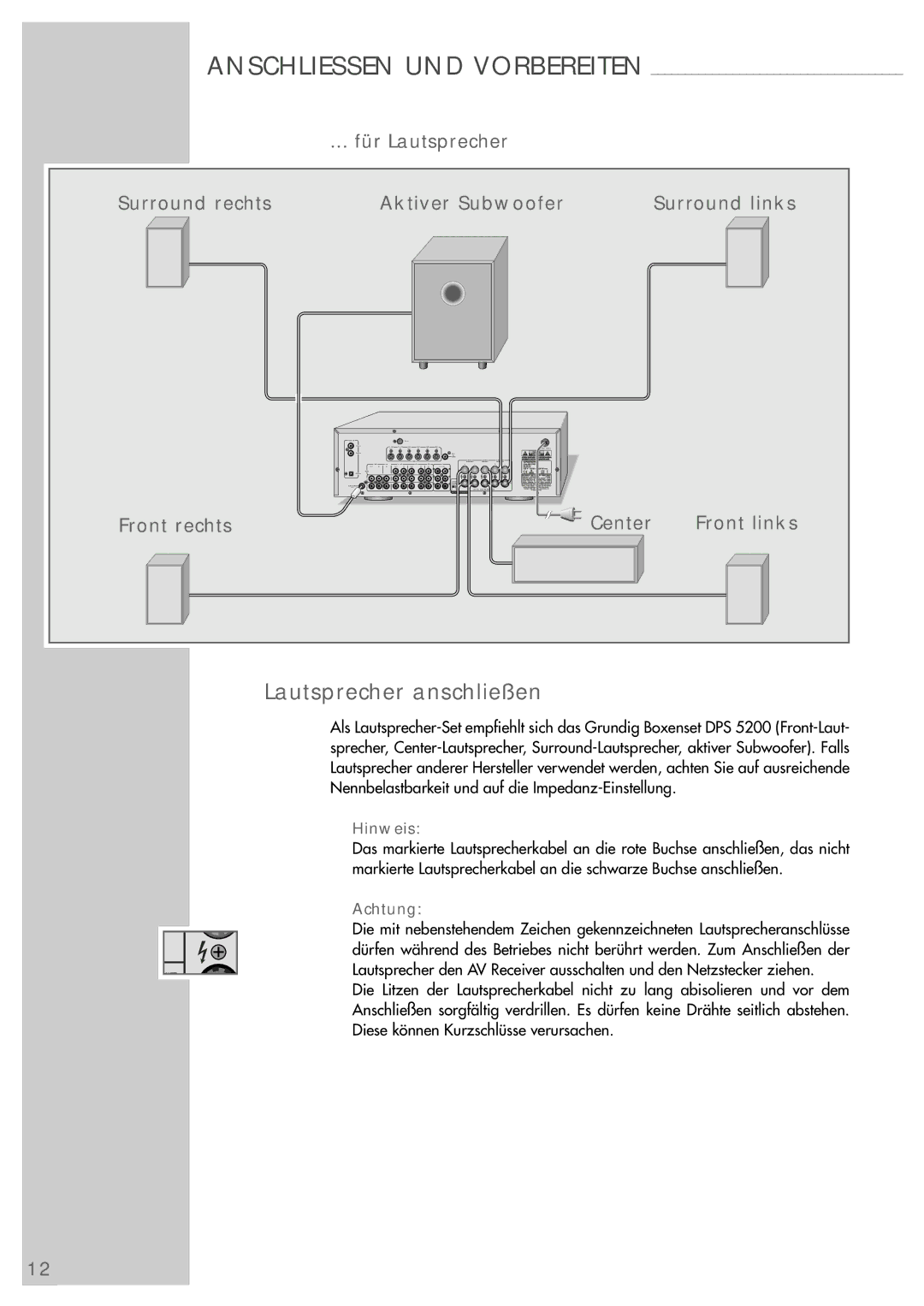 Grundig AVR 5200 DD manual Lautsprecher anschließen, Achtung 