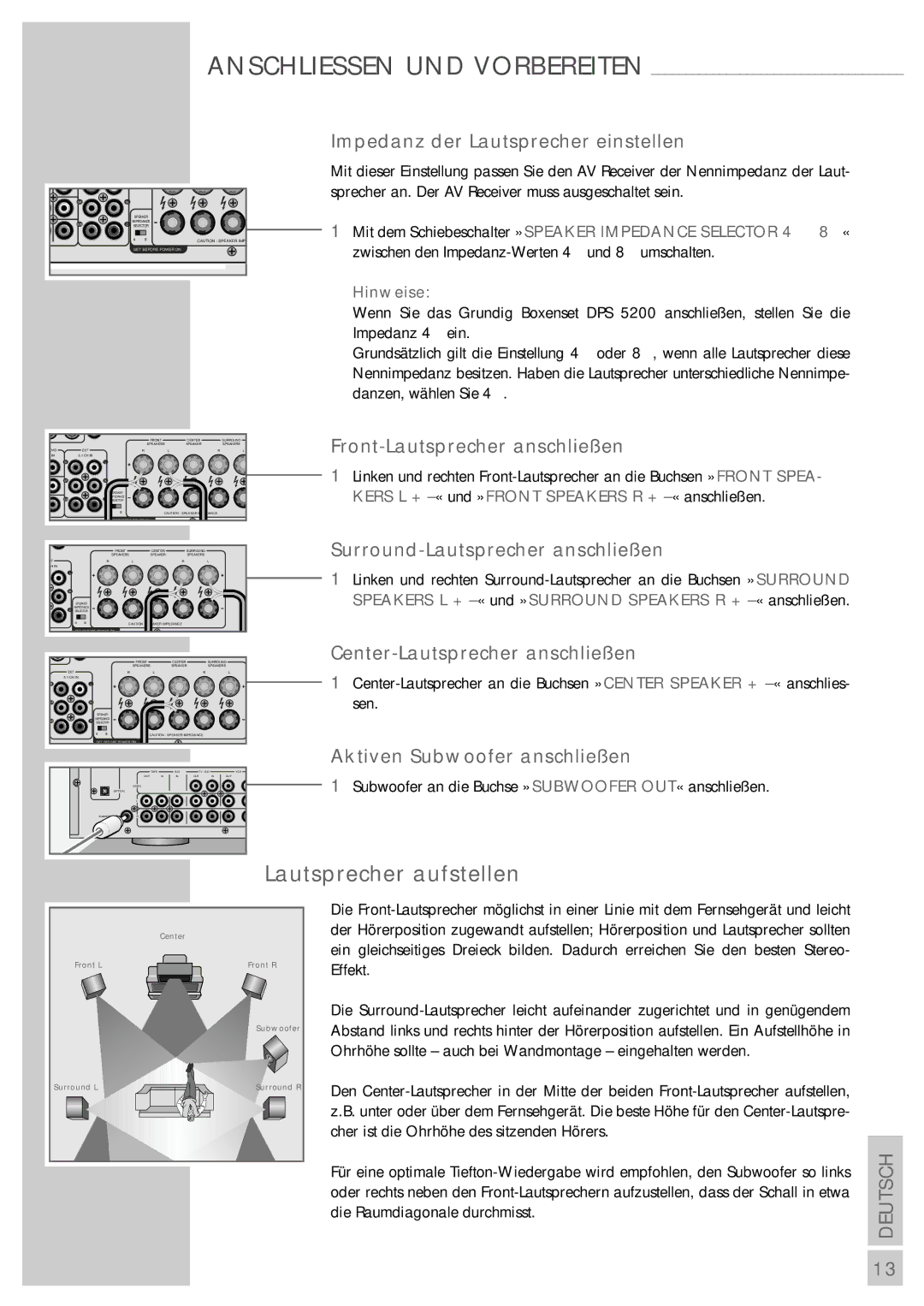 Grundig AVR 5200 DD manual Lautsprecher aufstellen 