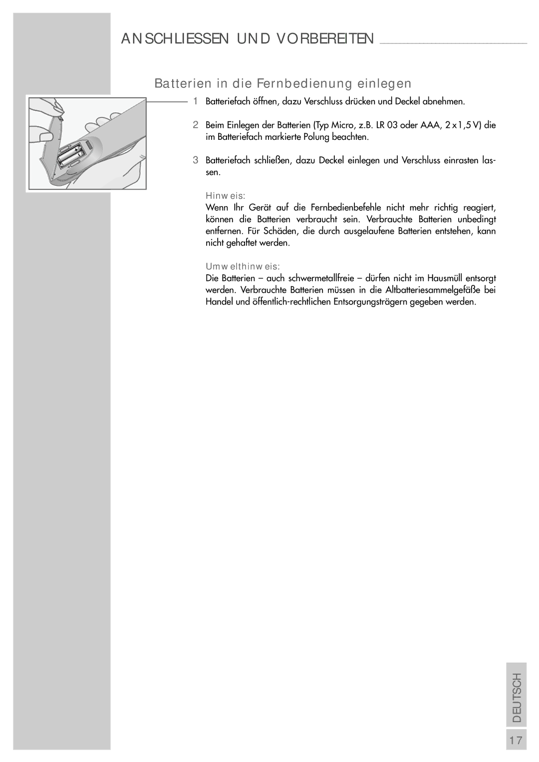 Grundig AVR 5200 DD manual Batterien in die Fernbedienung einlegen, Umwelthinweis 