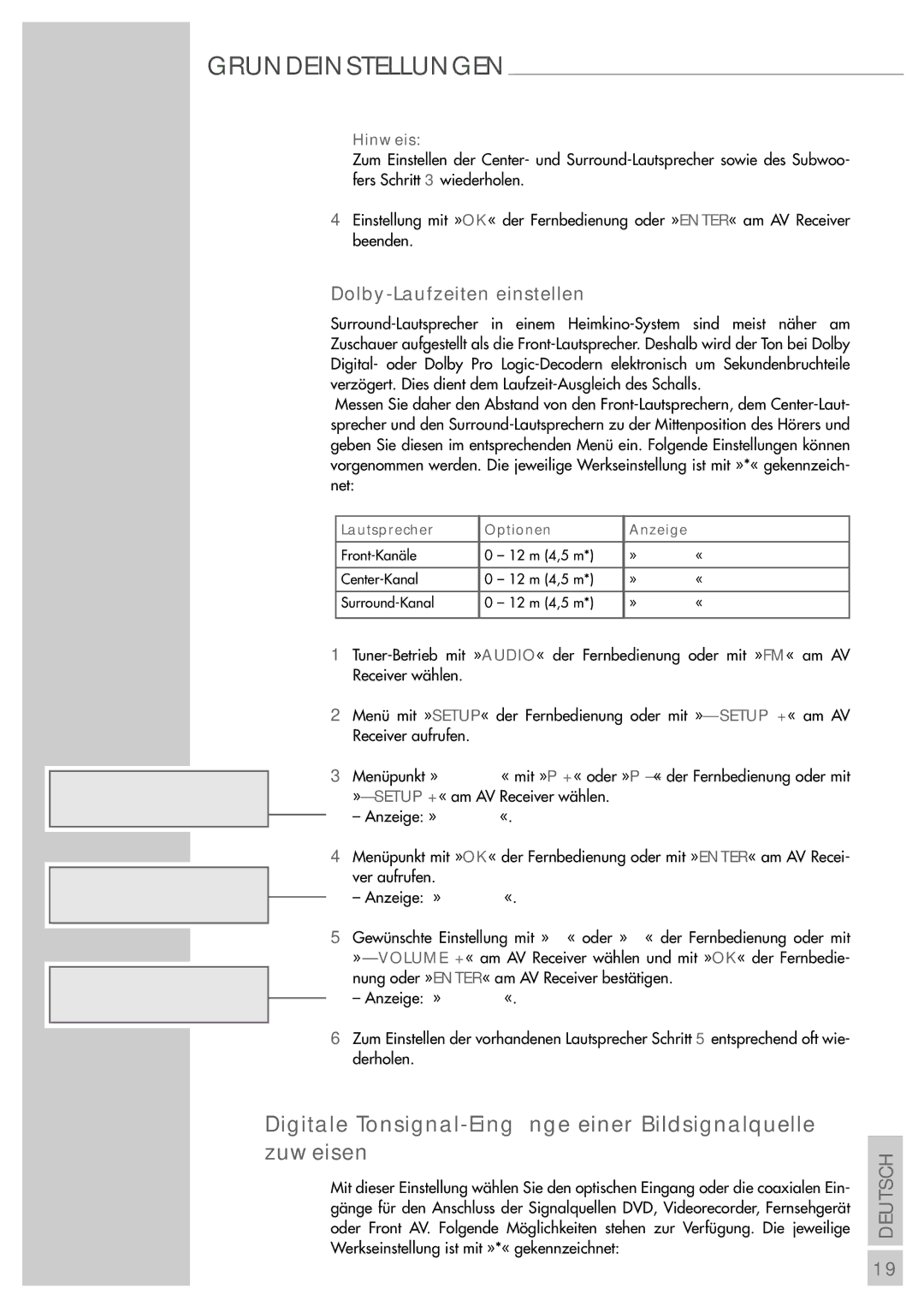 Grundig AVR 5200 DD Digitale Tonsignal-Eingänge einer Bildsignalquelle zuweisen, Spkdist, Dolby-Laufzeiten einstellen 