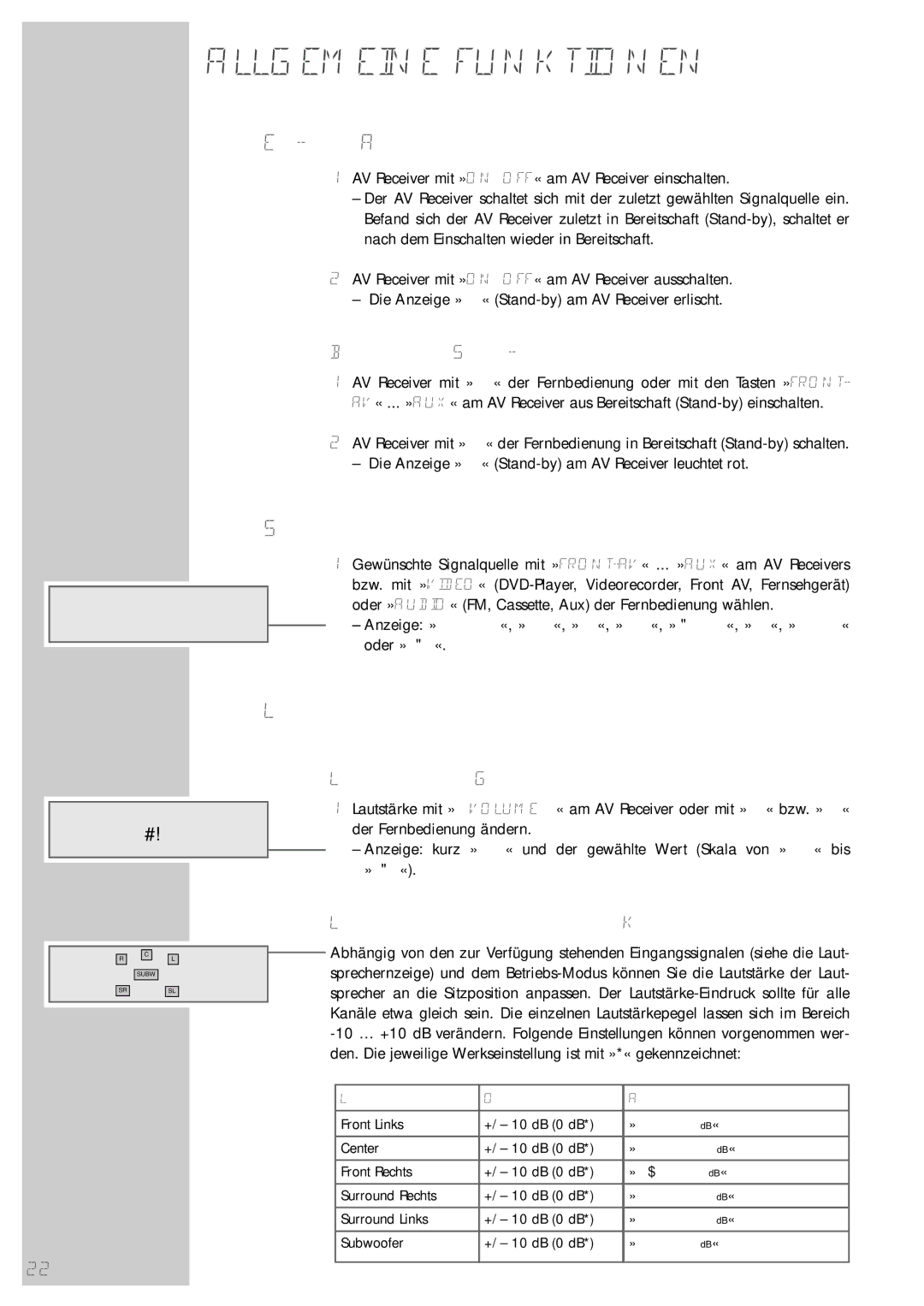 Grundig AVR 5200 DD manual Ein- und Ausschalten, Signalquelle wählen, Lautstärke einstellen, Bereitschaft Stand-by 