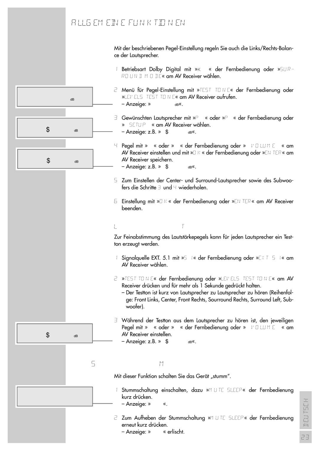 Grundig AVR 5200 DD manual Stummschaltung Mute, Lautstärkepegel mit Testton prüfen 