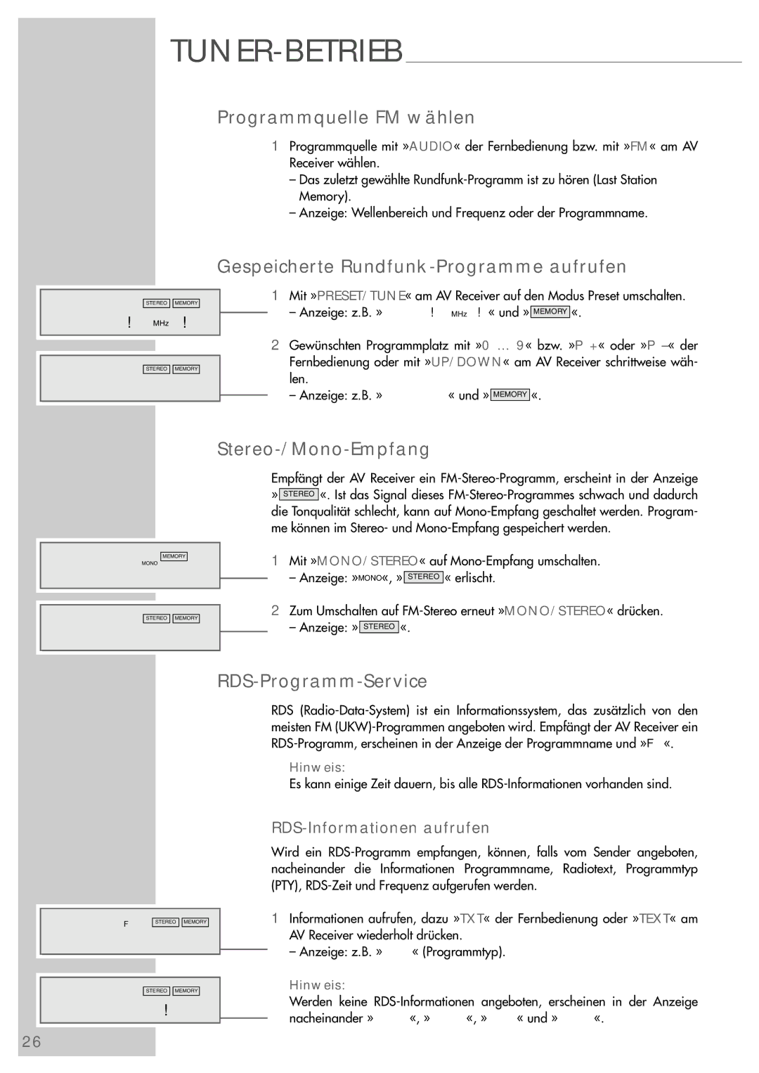 Grundig AVR 5200 DD manual Programmquelle FM wählen, Gespeicherte Rundfunk-Programme aufrufen, Stereo-/Mono-Empfang 