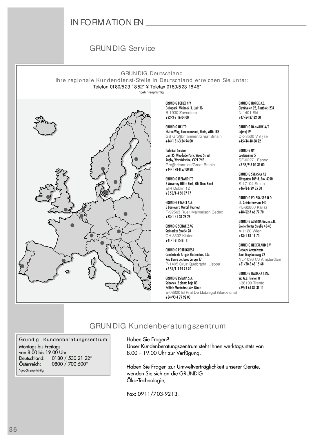 Grundig AVR 5200 DD manual Grundig Service, Grundig Kundenberatungszentrum 