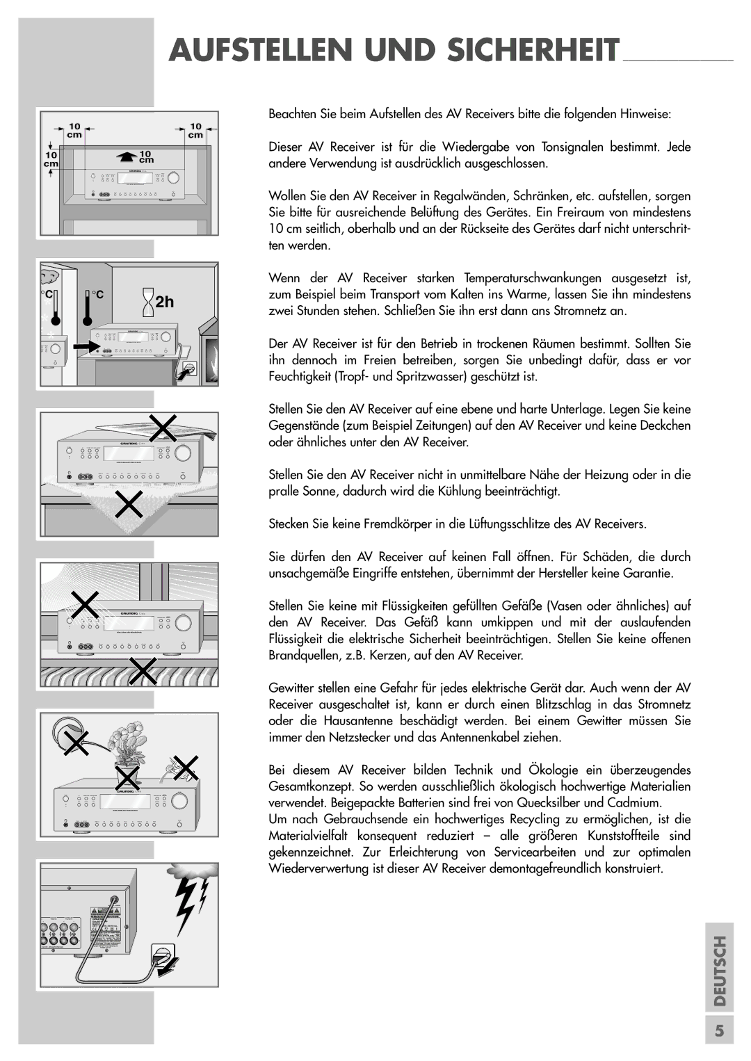 Grundig AVR 5200 DD manual Aufstellen UND Sicherheit 