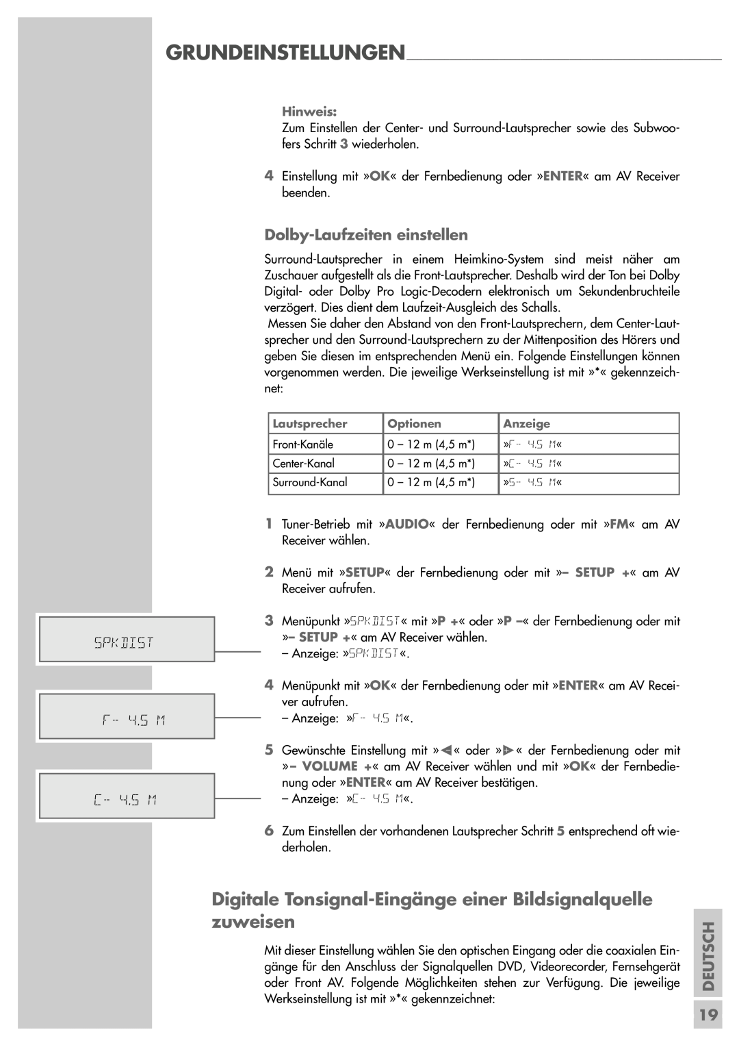 Grundig AVR 5200 DD manual SPKDIST F- 4.5 M C- 4.5 M, Dolby-Laufzeiteneinstellen, Deutsch 