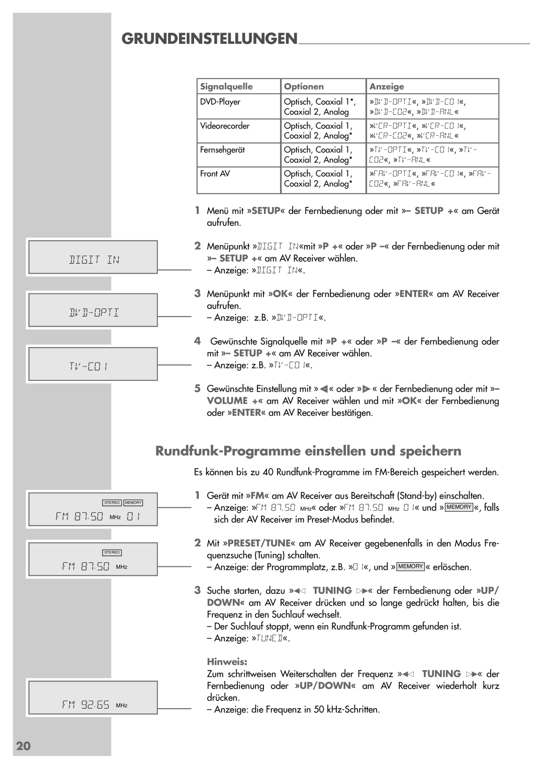 Grundig AVR 5200 DD manual Rundfunk-Programmeeinstellen und speichern, DIGIT IN DVD-OPTI TV-CO1, FM 87. 50 MHz 