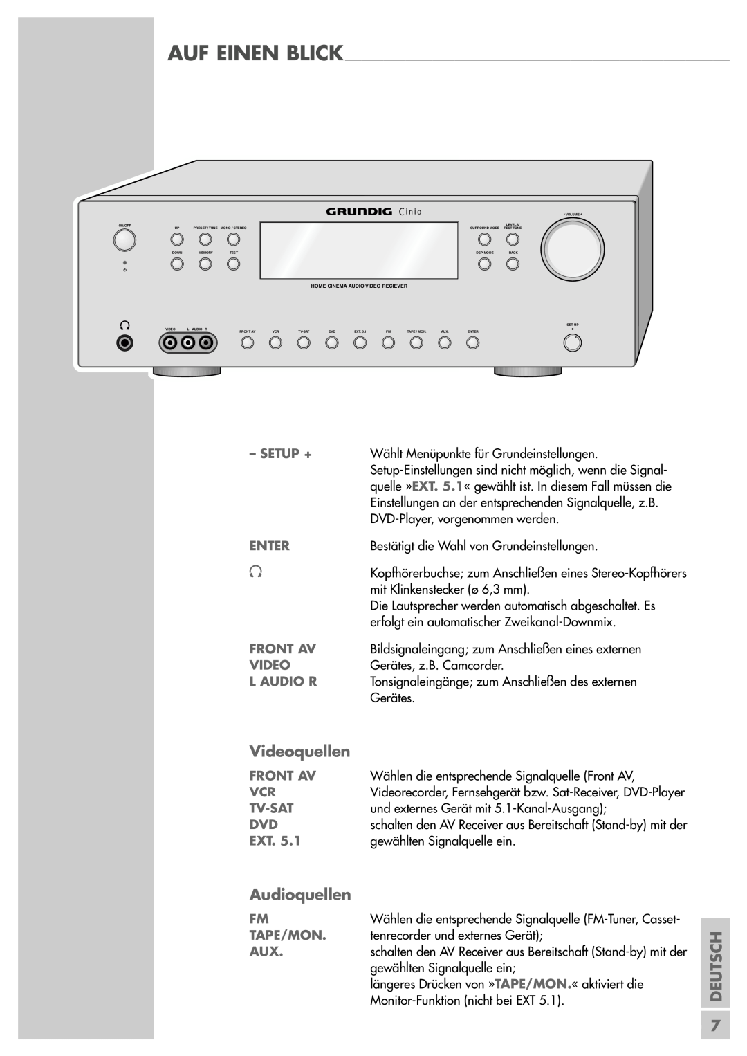 Grundig AVR 5200 DD manual Videoquellen, Audioquellen, Deutsch 