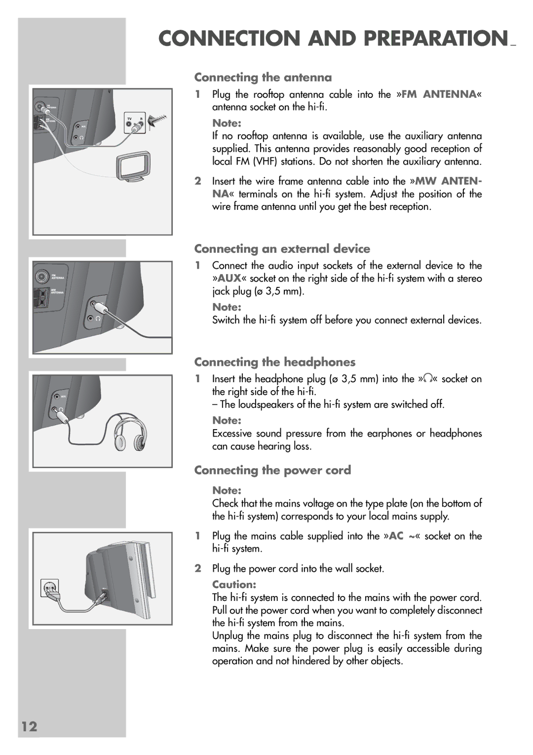 Grundig CDS 6580 A SPCD manual Connecting the antenna, Connecting an external device, Connecting the headphones 