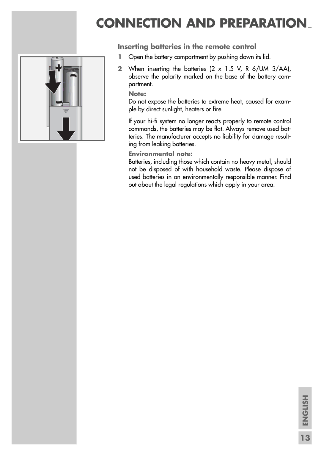 Grundig CDS 6580 A SPCD manual Inserting batteries in the remote control, Environmental note 