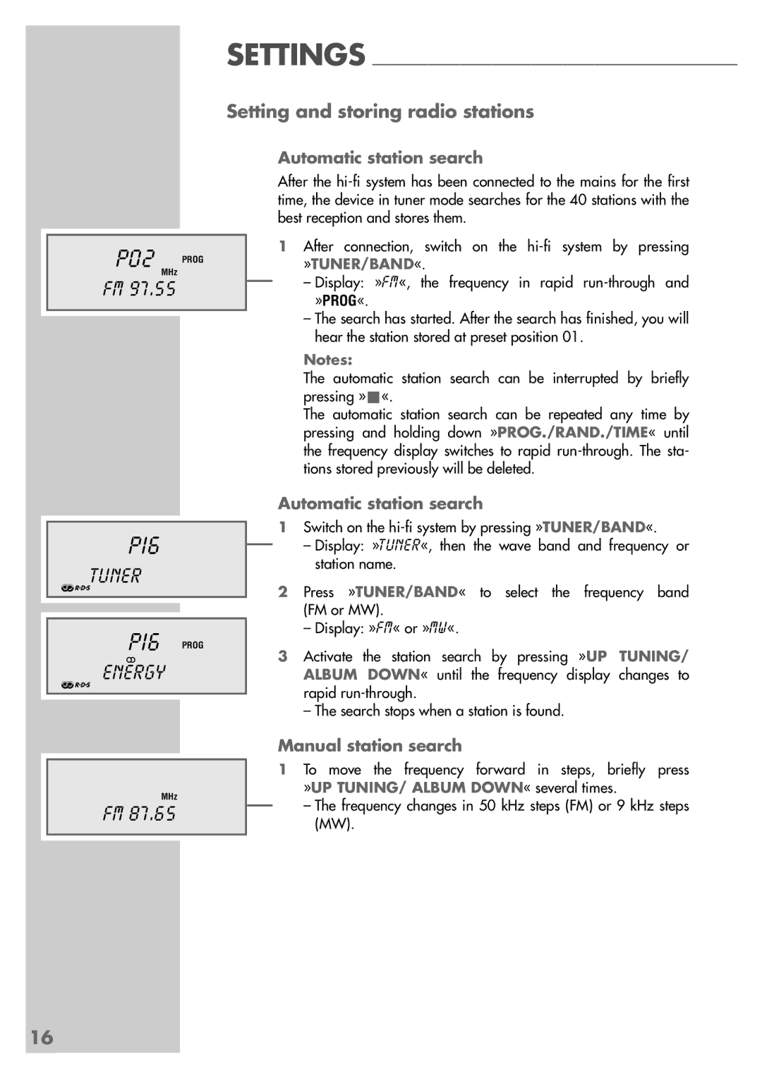 Grundig CDS 6580 A SPCD manual P16, Setting and storing radio stations, Automatic station search, Manual station search 