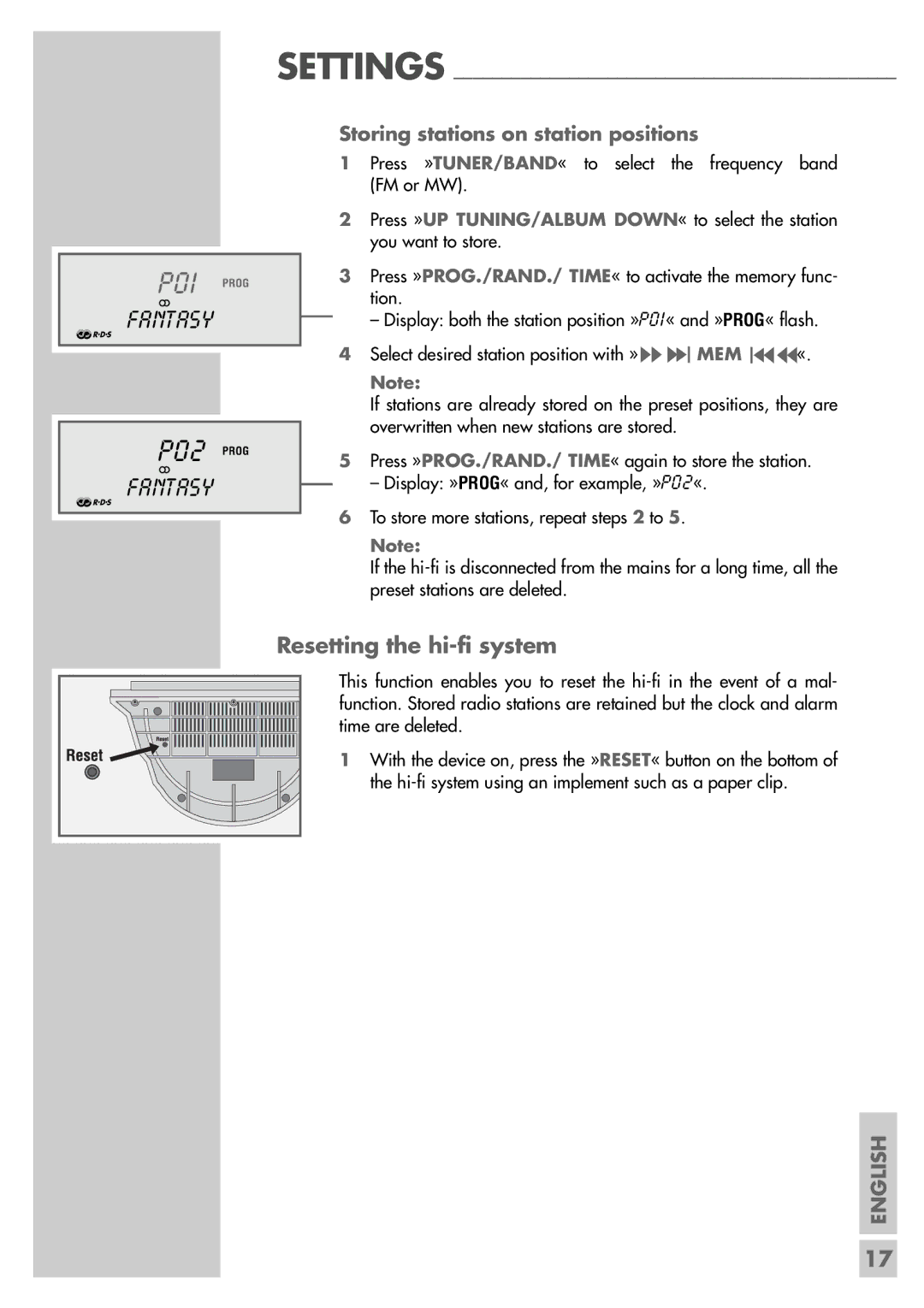 Grundig CDS 6580 A SPCD manual Resetting the hi-fi system, Storing stations on station positions 