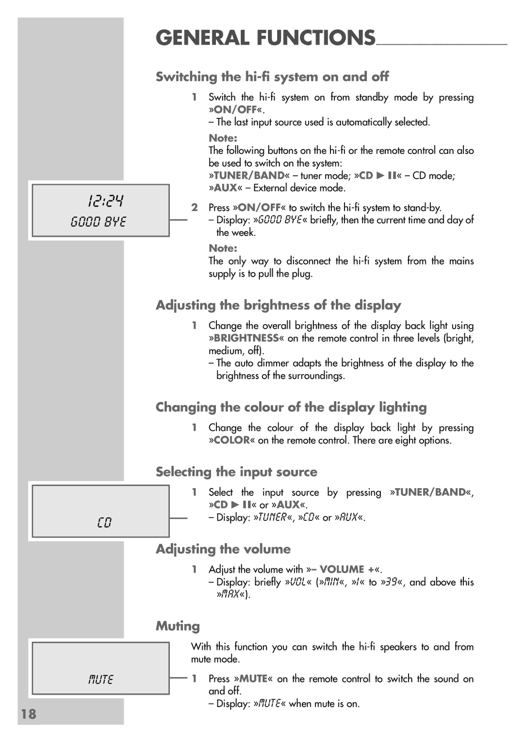 Grundig CDS 6580 A SPCD manual Switching the hi-fi system on and off, Adjusting the brightness of the display, Muting 