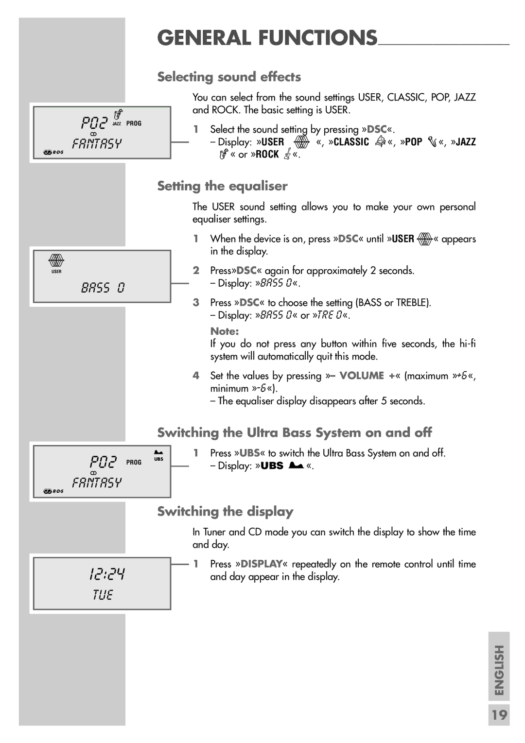 Grundig CDS 6580 A SPCD manual Selecting sound effects, Setting the equaliser, Switching the Ultra Bass System on and off 