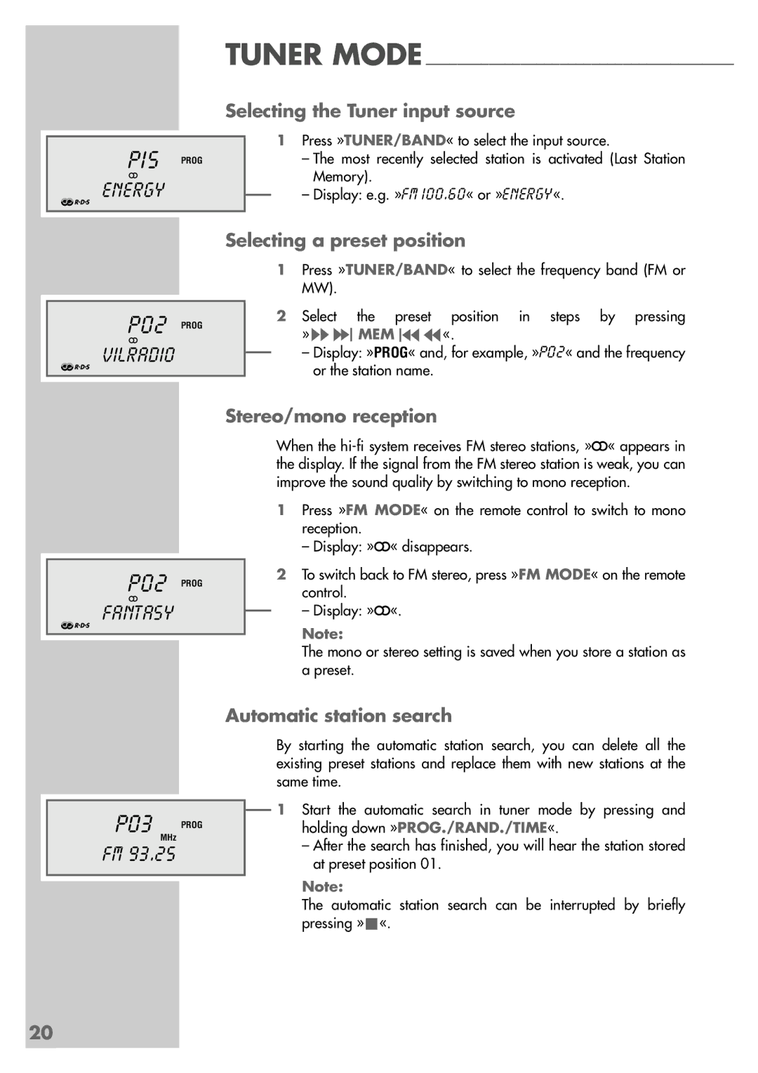 Grundig CDS 6580 A SPCD manual Selecting the Tuner input source, Selecting a preset position, Stereo/mono reception 