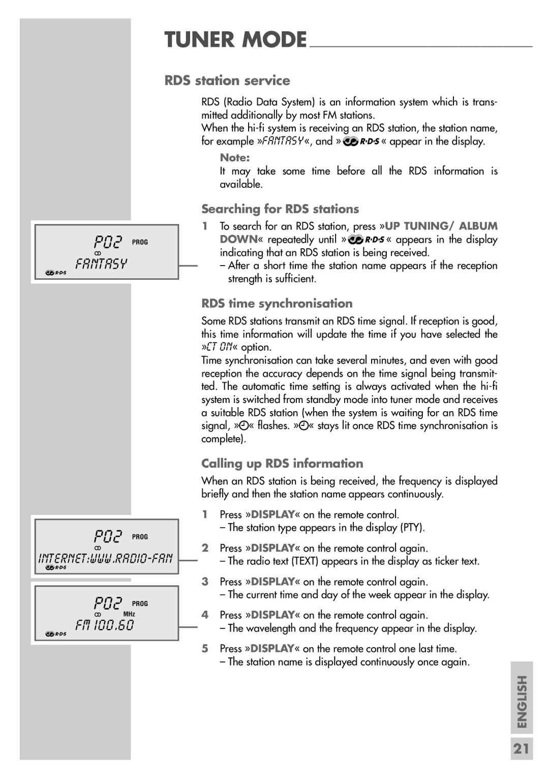 Grundig CDS 6580 A SPCD manual RDS station service, Searching for RDS stations, RDS time synchronisation 