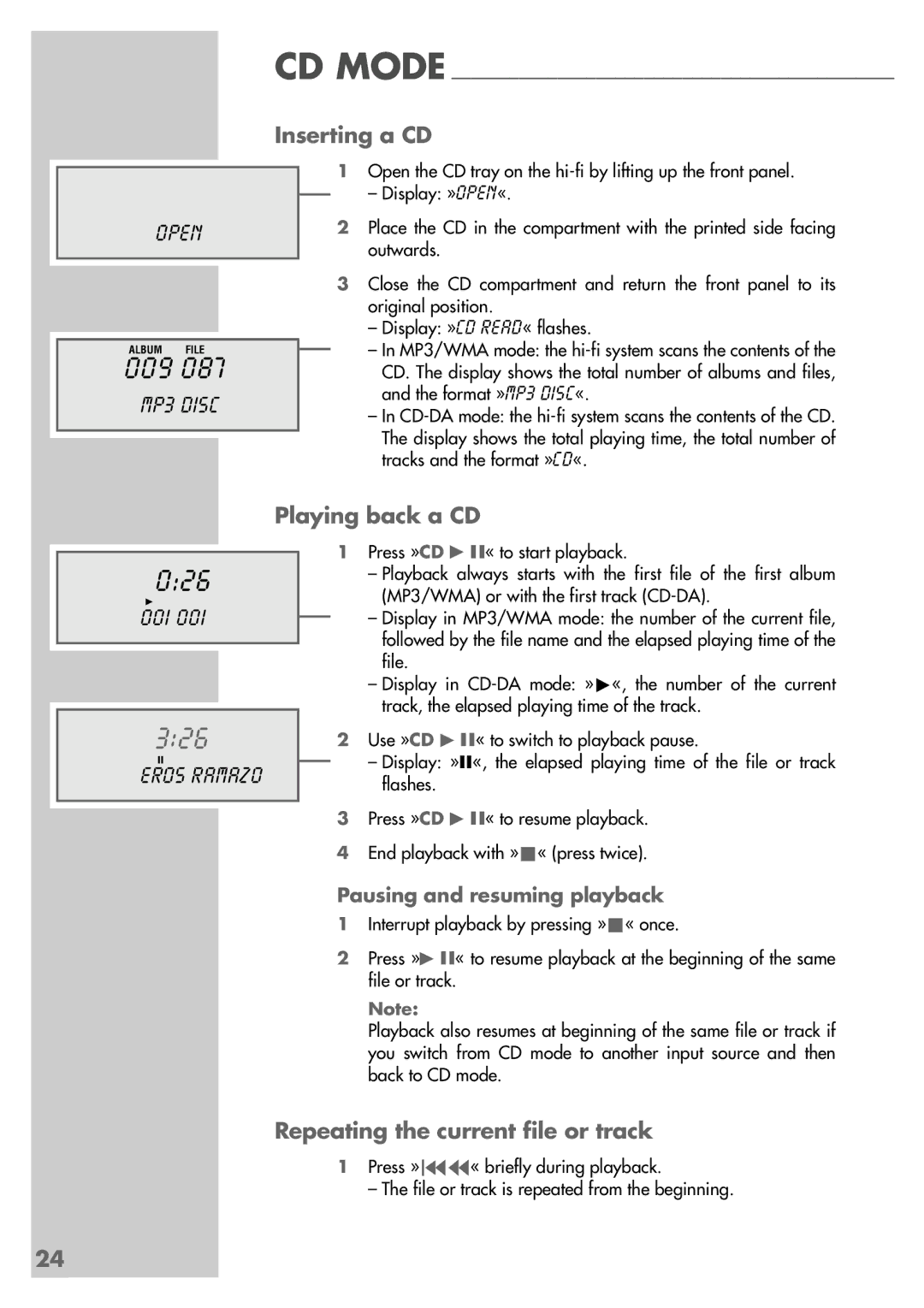 Grundig CDS 6580 A SPCD manual 009, 026, Inserting a CD, Playing back a CD, Repeating the current file or track 