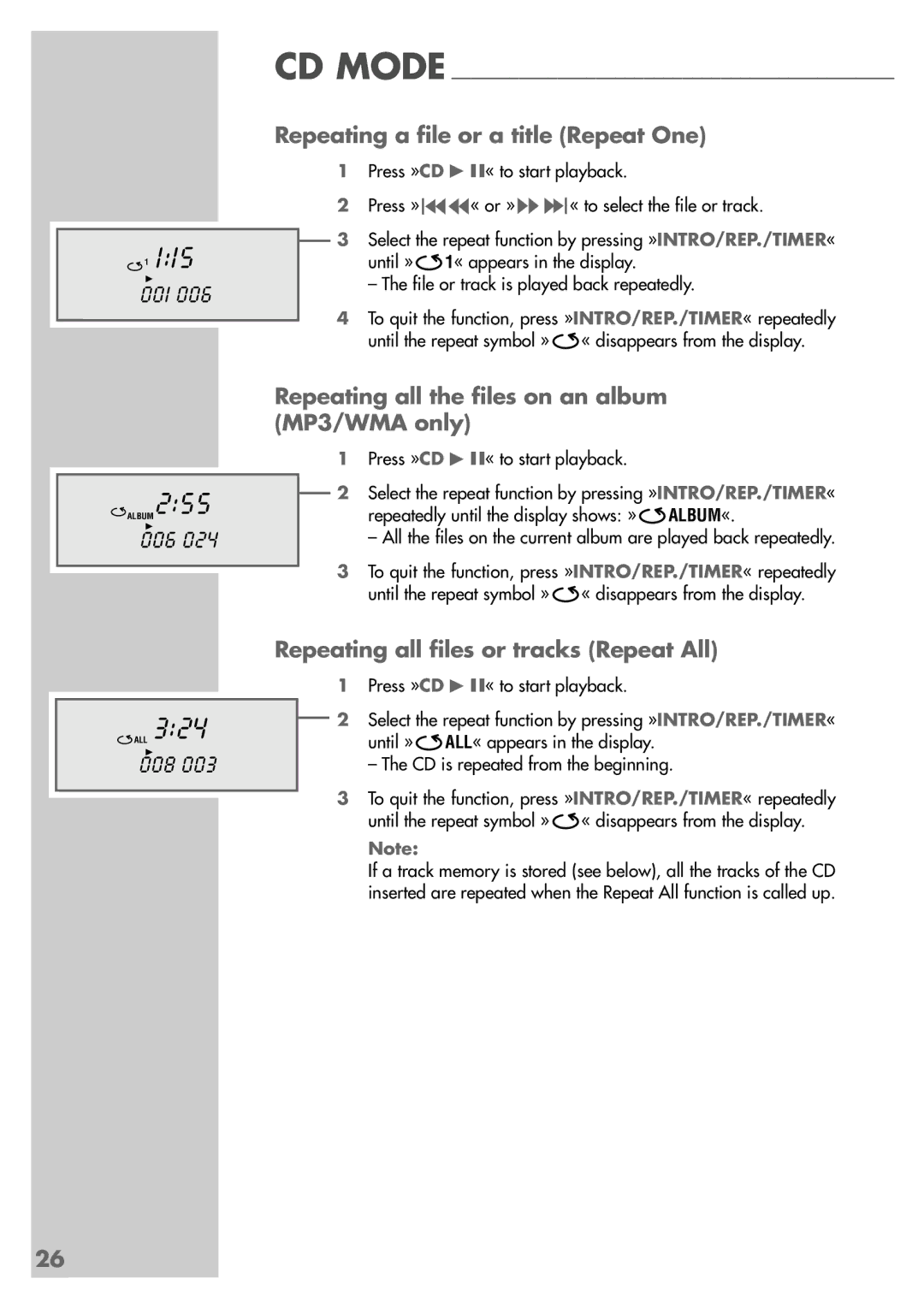 Grundig CDS 6580 A SPCD manual Repeating a file or a title Repeat One, Repeating all the files on an album MP3/WMA only 