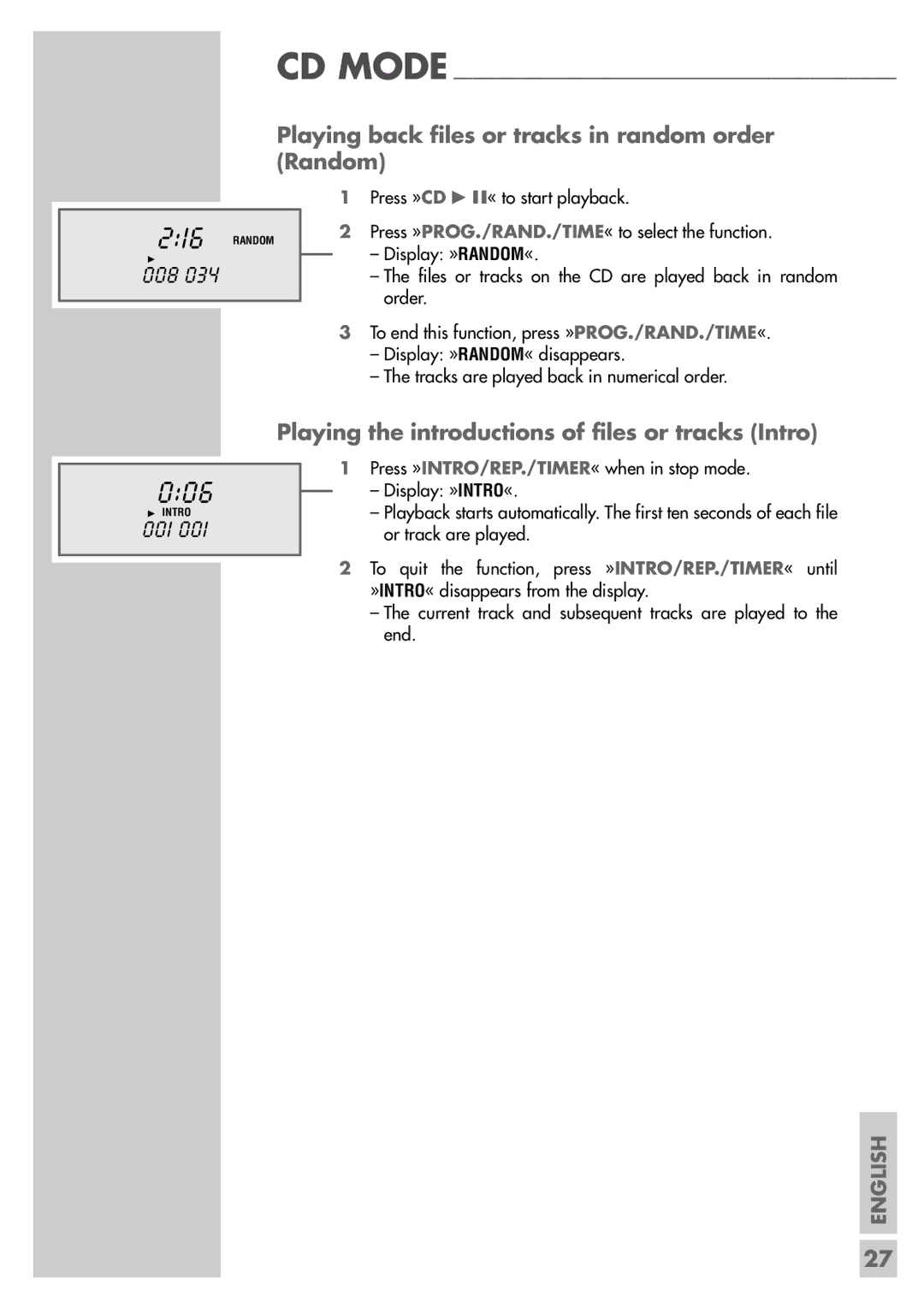 Grundig CDS 6580 A SPCD manual 006, Playing back files or tracks in random order Random 