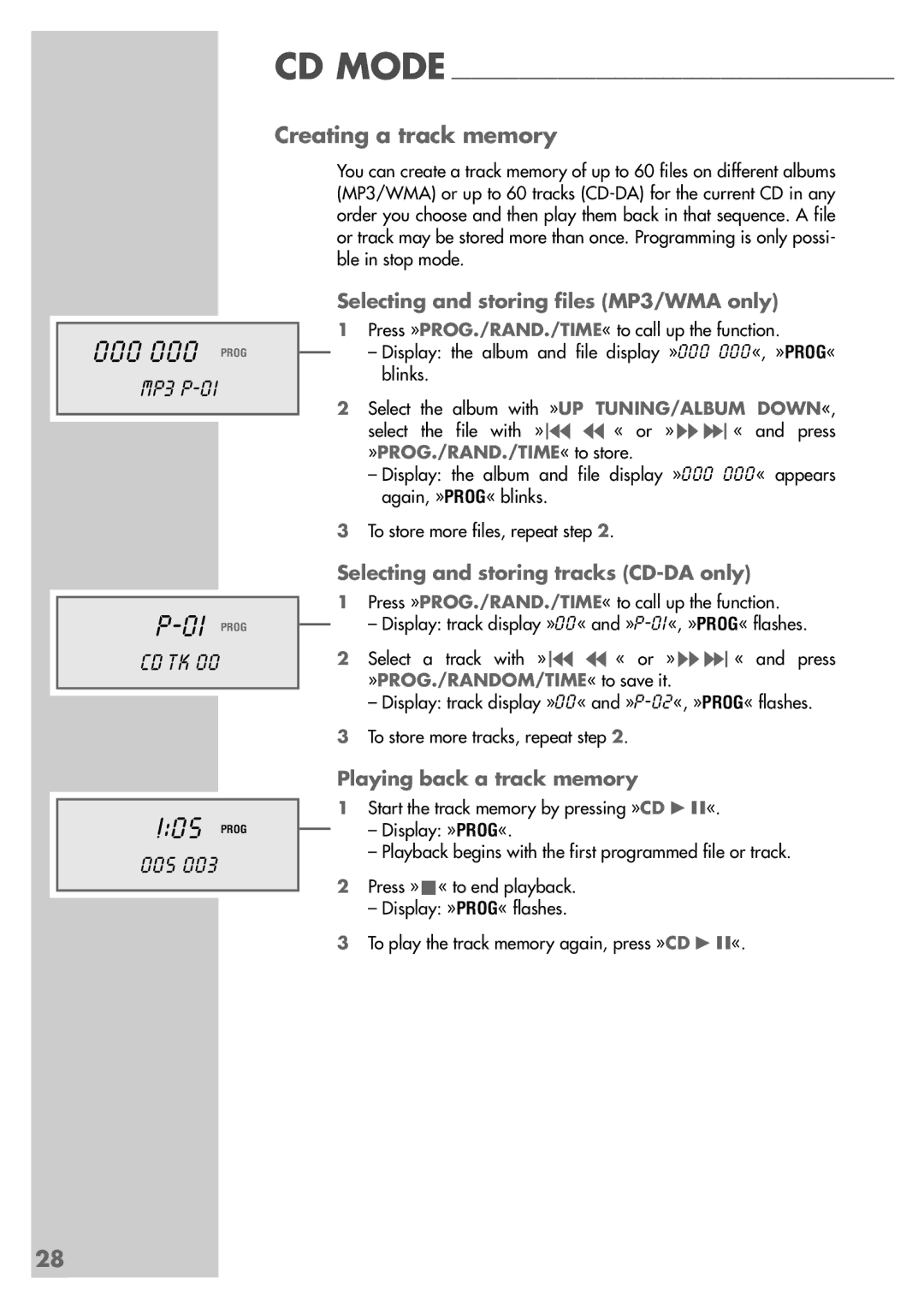 Grundig CDS 6580 A SPCD manual 000 000 Prog, Creating a track memory, Selecting and storing files MP3/WMA only 