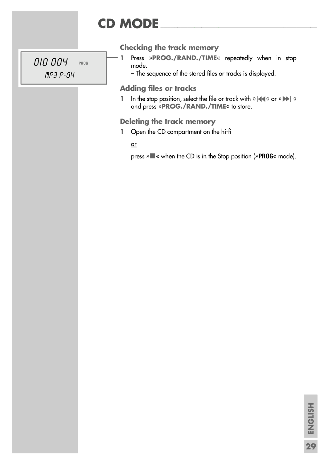 Grundig CDS 6580 A SPCD manual 010, Checking the track memory, Adding files or tracks, Deleting the track memory 