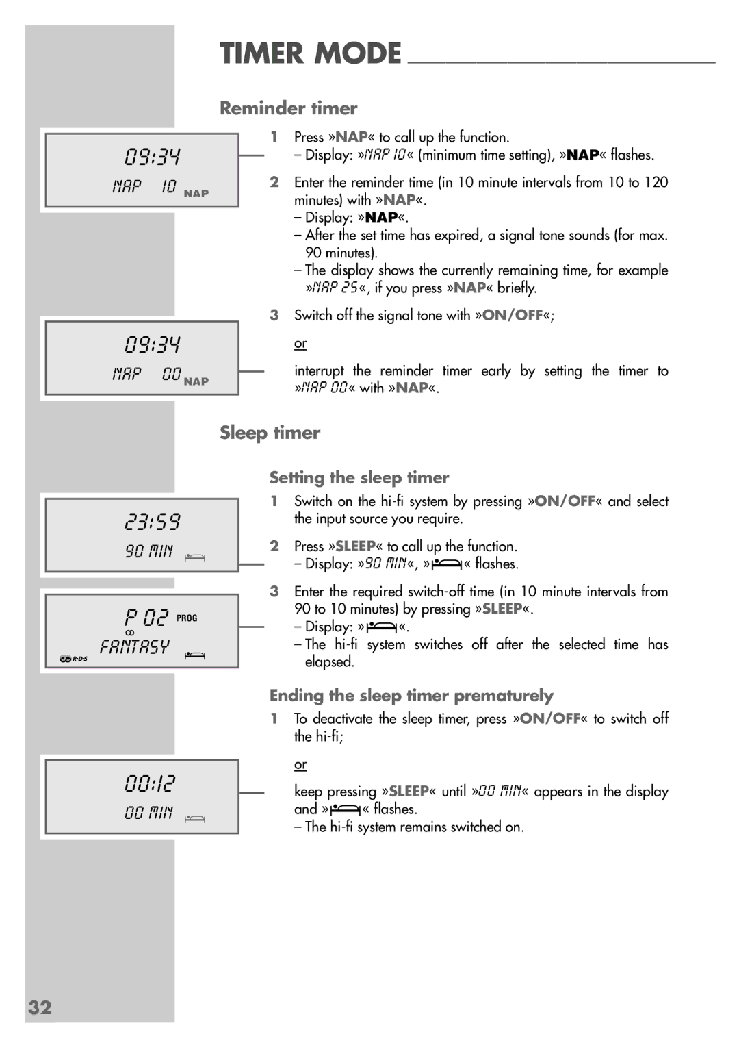 Grundig CDS 6580 A SPCD manual 0934, 2359, 0012, Reminder timer, Sleep timer 