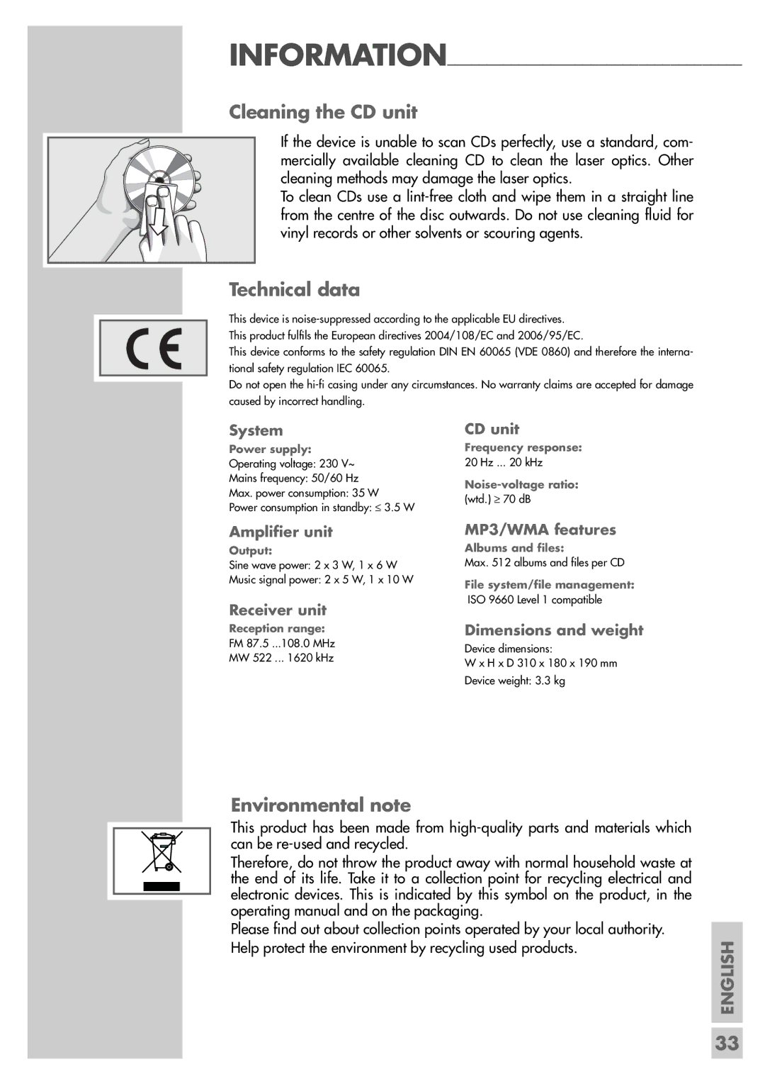 Grundig CDS 6580 A SPCD manual Cleaning the CD unit, Technical data, Environmental note 