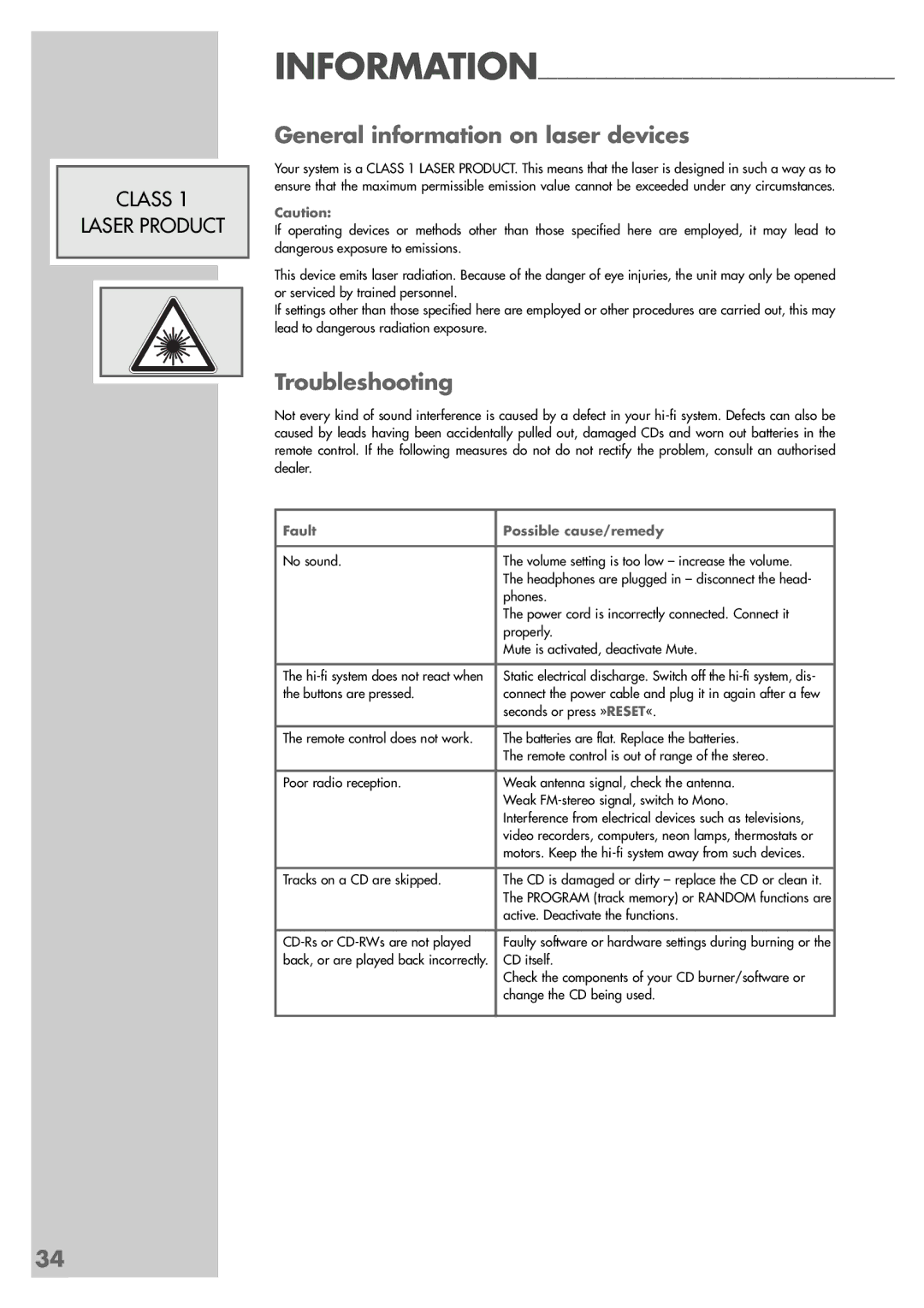 Grundig CDS 6580 A SPCD manual General information on laser devices, Troubleshooting 