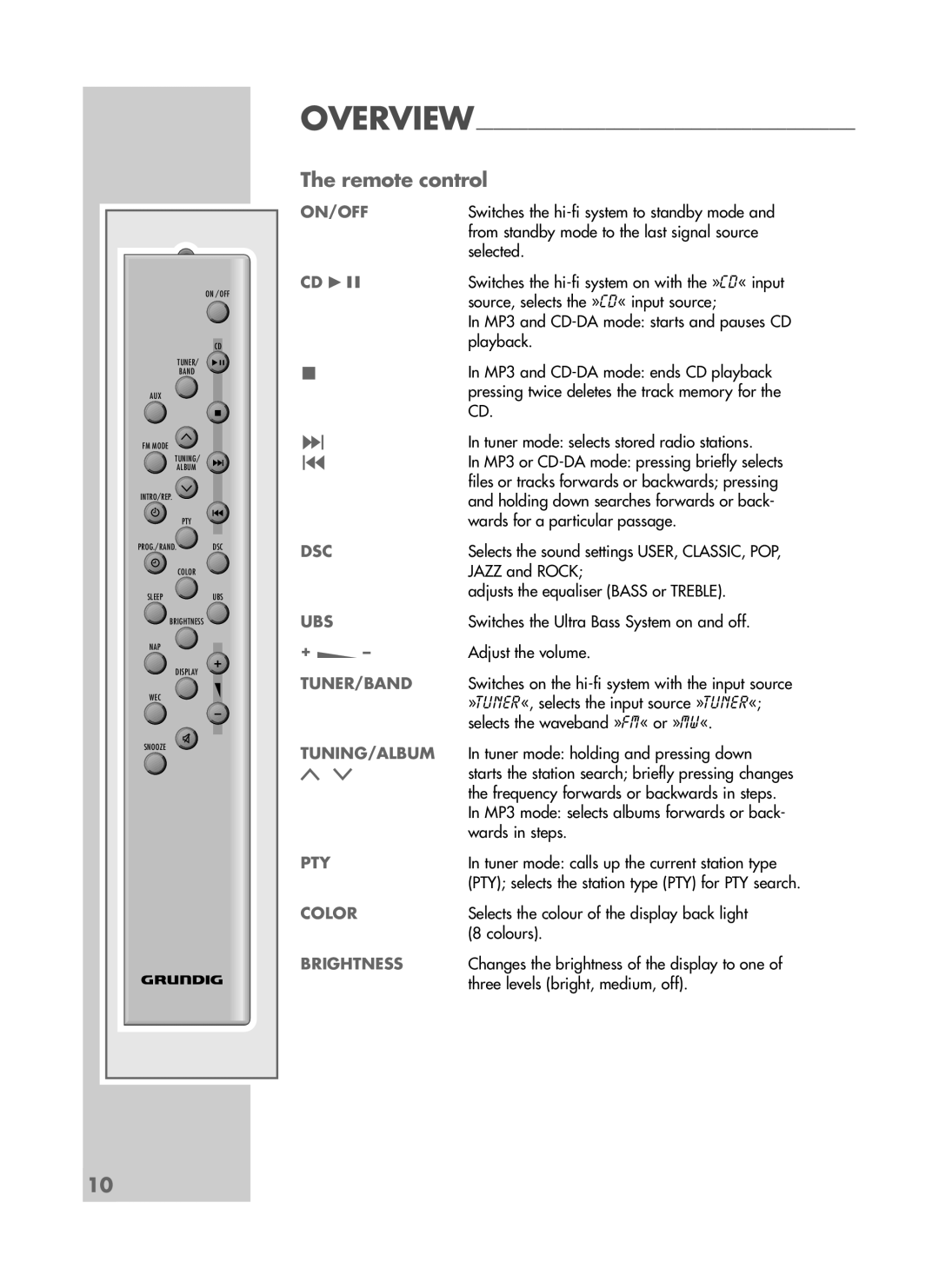 Grundig CDS 6580 SPCD manual Remote control, Tuner/Band, Pty, Color, Brightness 