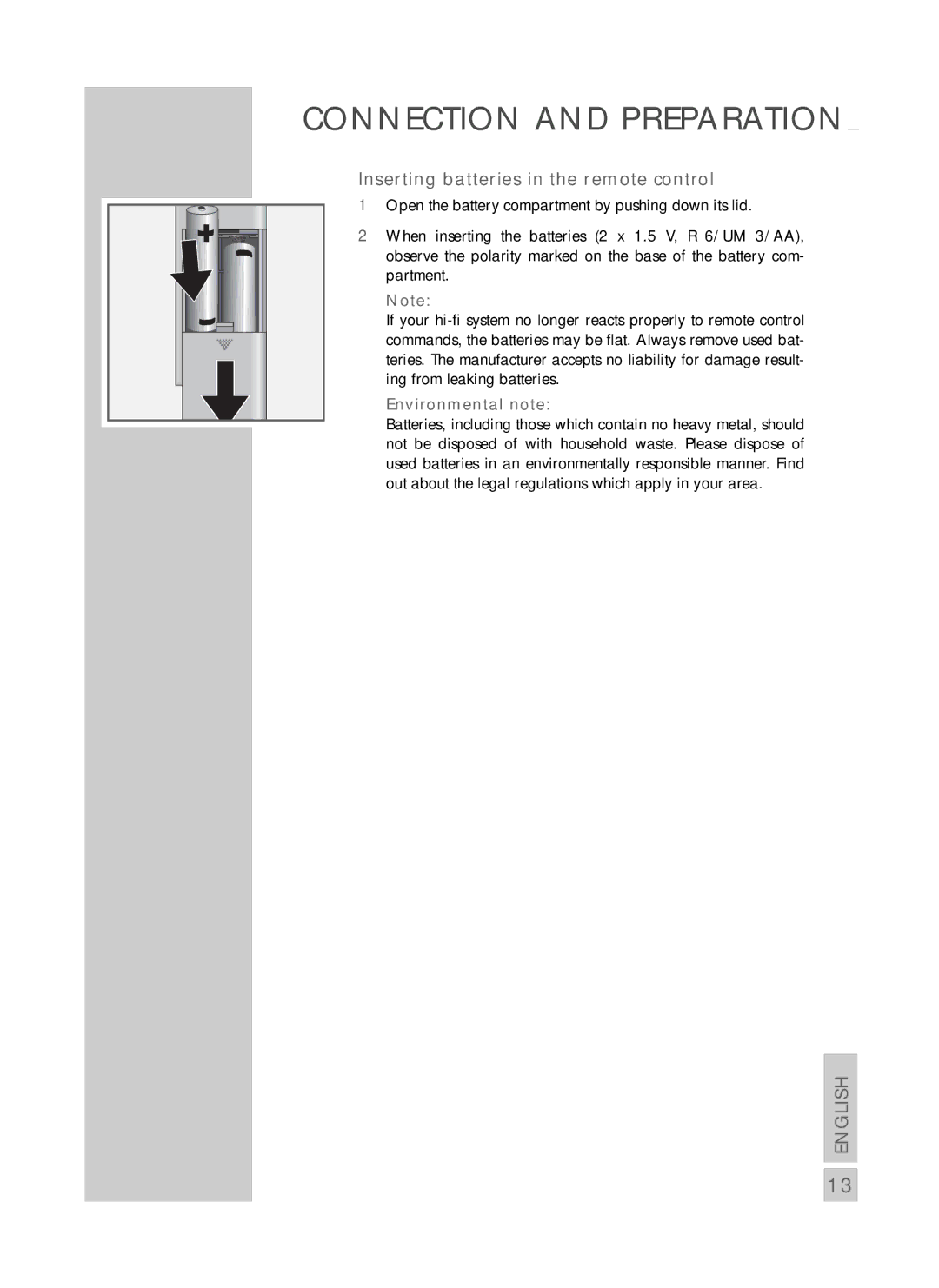 Grundig CDS 6580 SPCD manual Inserting batteries in the remote control, Environmental note 