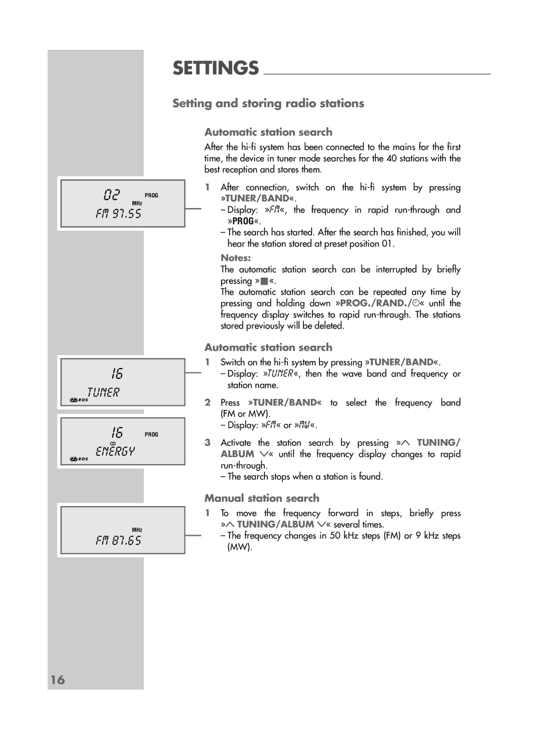 Grundig CDS 6580 SPCD manual Setting and storing radio stations, Automatic station search, Manual station search 