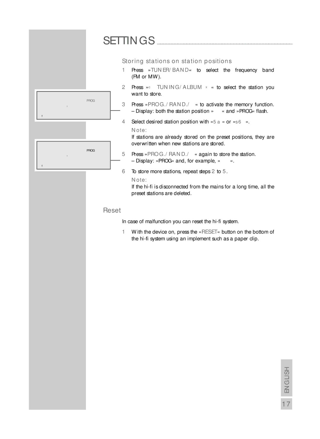 Grundig CDS 6580 SPCD Reset, Storing stations on station positions, Case of malfunction you can reset the hi-fi system 