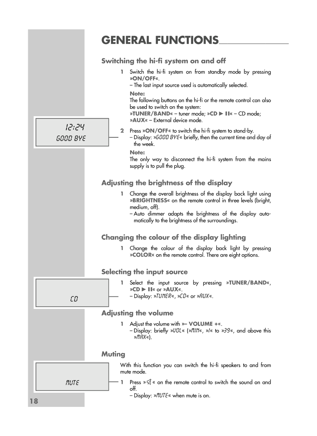 Grundig CDS 6580 SPCD Switching the hi-fi system on and off, Adjusting the brightness of the display, Adjusting the volume 