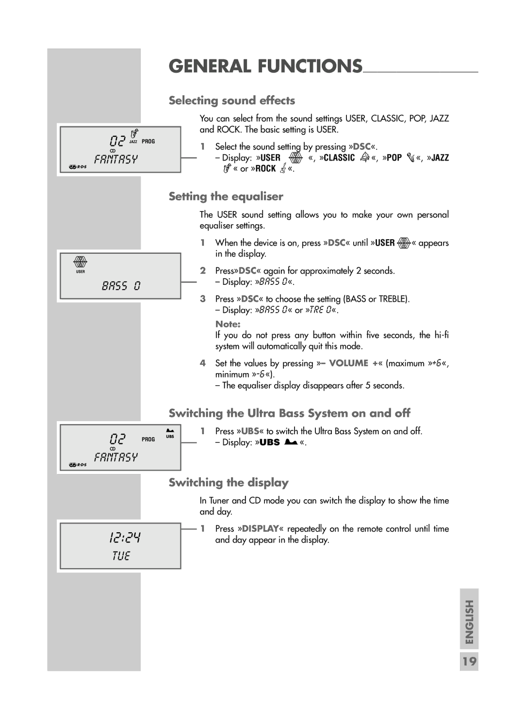 Grundig CDS 6580 SPCD manual Selecting sound effects, Setting the equaliser, Switching the Ultra Bass System on and off 