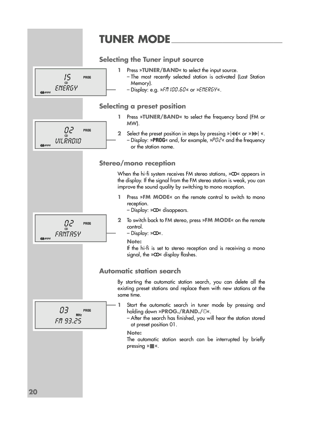 Grundig CDS 6580 SPCD manual Selecting the Tuner input source, Selecting a preset position, Stereo/mono reception 