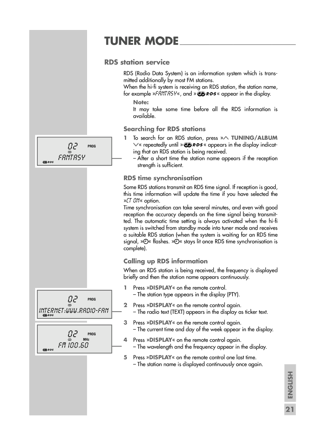 Grundig CDS 6580 SPCD manual RDS station service, Searching for RDS stations, RDS time synchronisation 