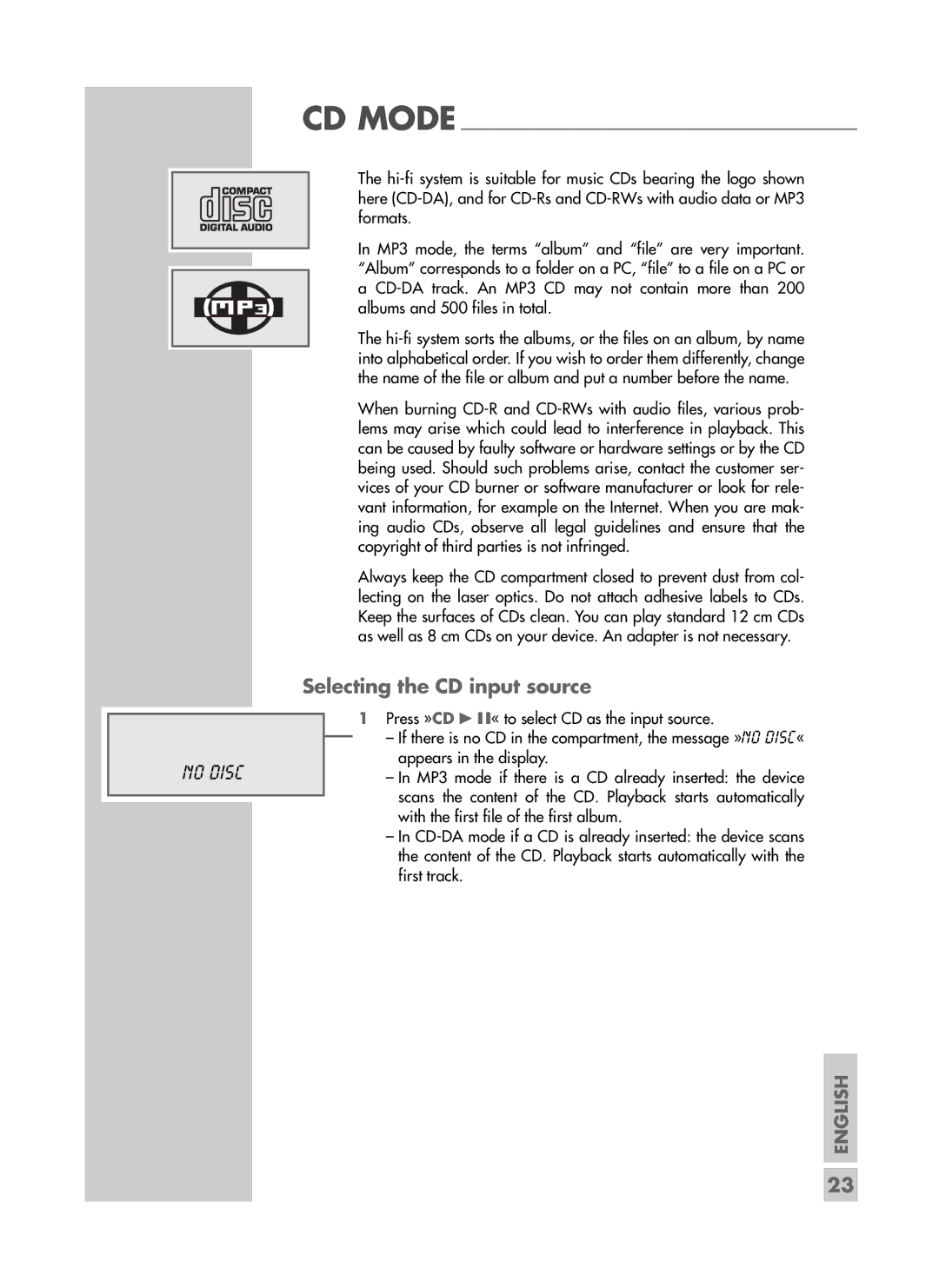 Grundig CDS 6580 SPCD manual Selecting the CD input source, No Disc 