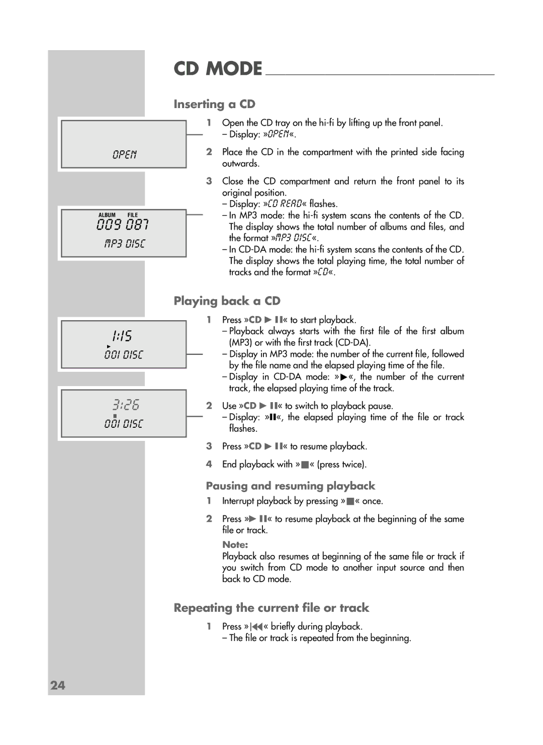 Grundig CDS 6580 SPCD manual 009, 115, Inserting a CD, Playing back a CD, Repeating the current file or track 