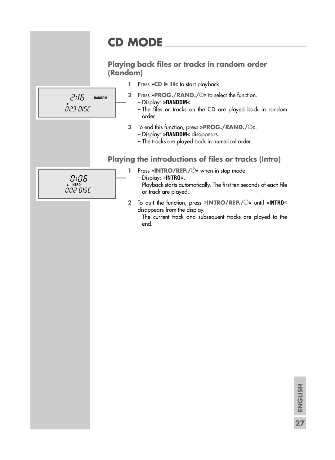 Grundig CDS 6580 SPCD manual 006, Playing back files or tracks in random order Random, Press »CD II« to start playback 