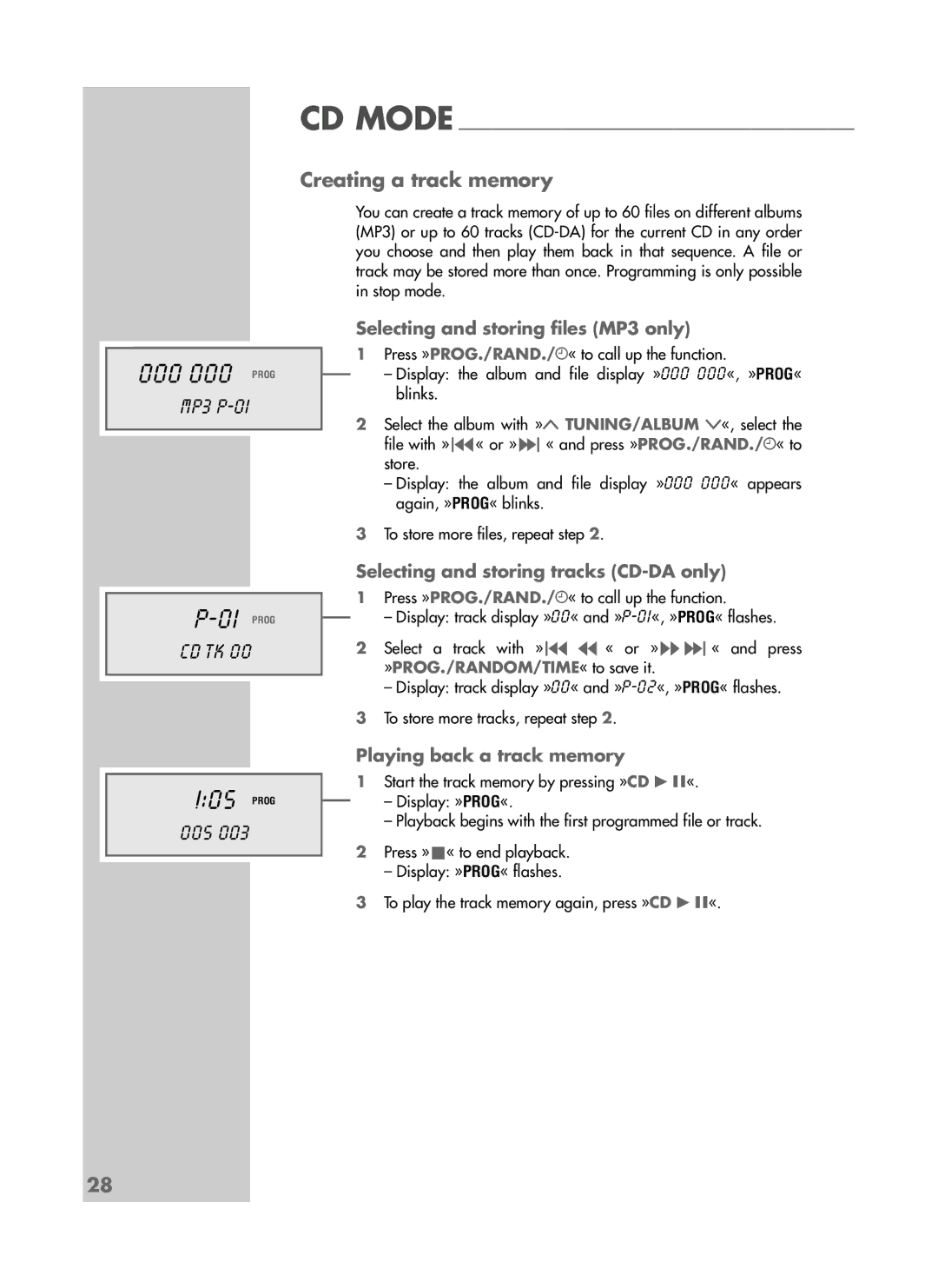 Grundig CDS 6580 SPCD manual 000 000 Prog, Creating a track memory 