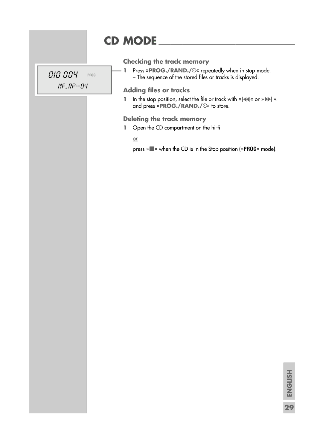 Grundig CDS 6580 SPCD manual Checking the track memory, Adding files or tracks, Deleting the track memory 