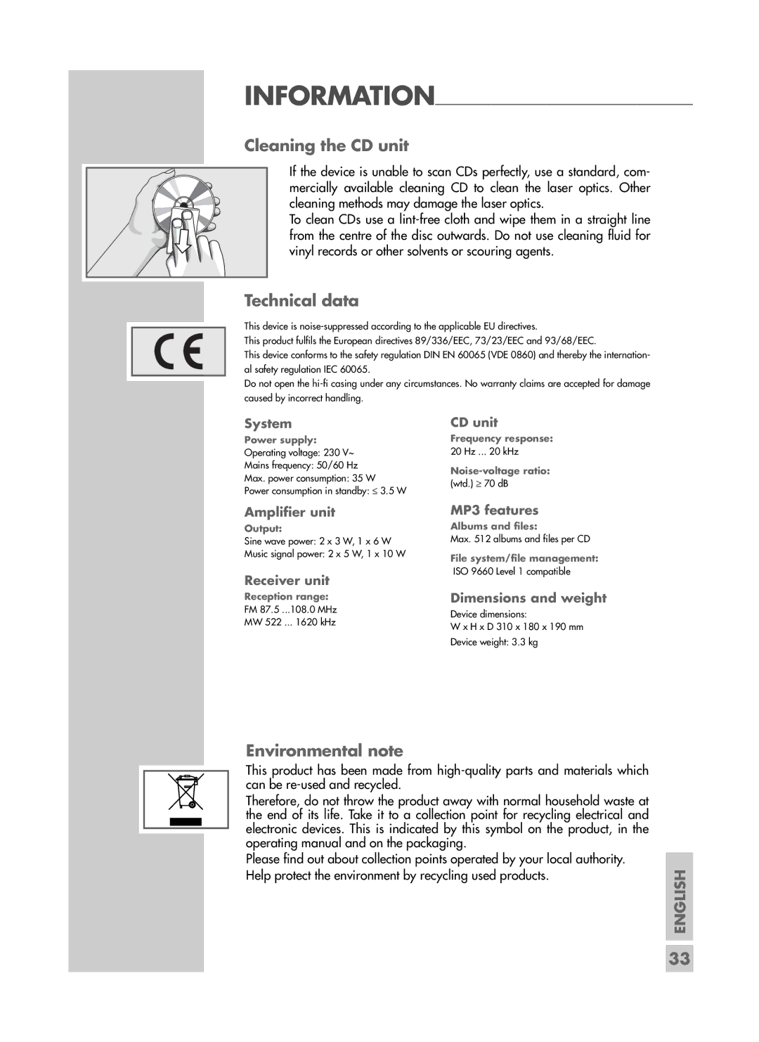 Grundig CDS 6580 SPCD manual Cleaning the CD unit, Technical data, Environmental note 