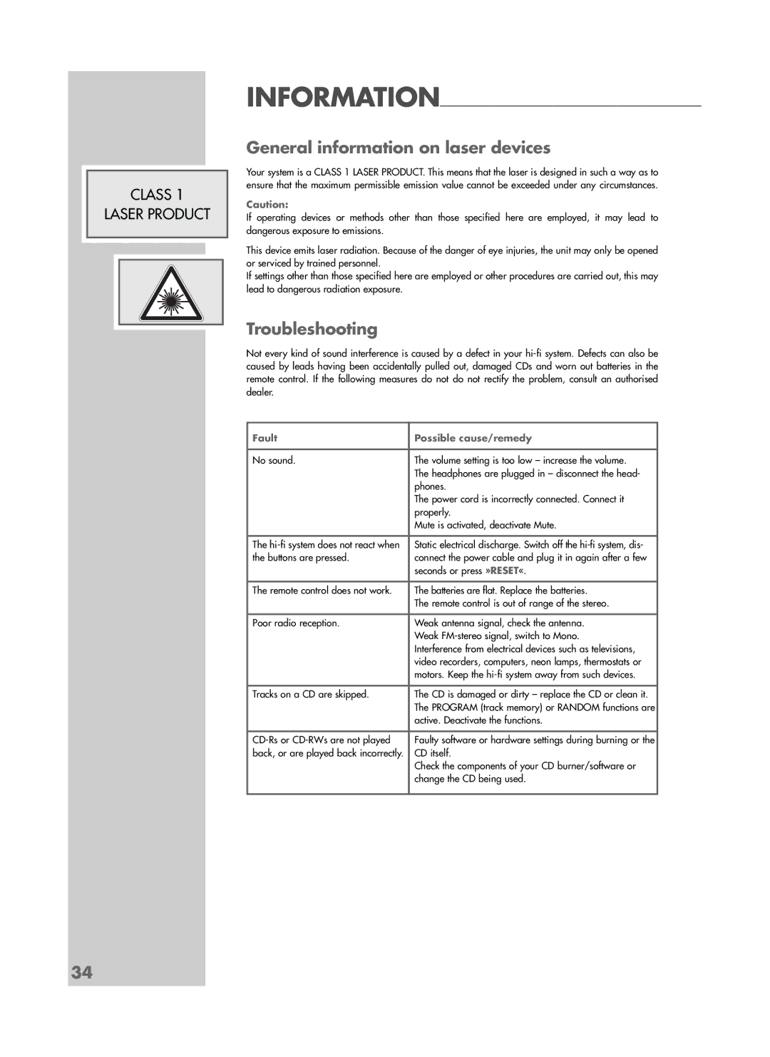 Grundig CDS 6580 SPCD manual General information on laser devices, Troubleshooting 