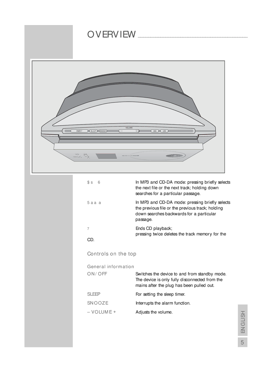 Grundig CDS 6580 SPCD manual Controls on the top, On/Off, Sleep, Snooze, Volume + 