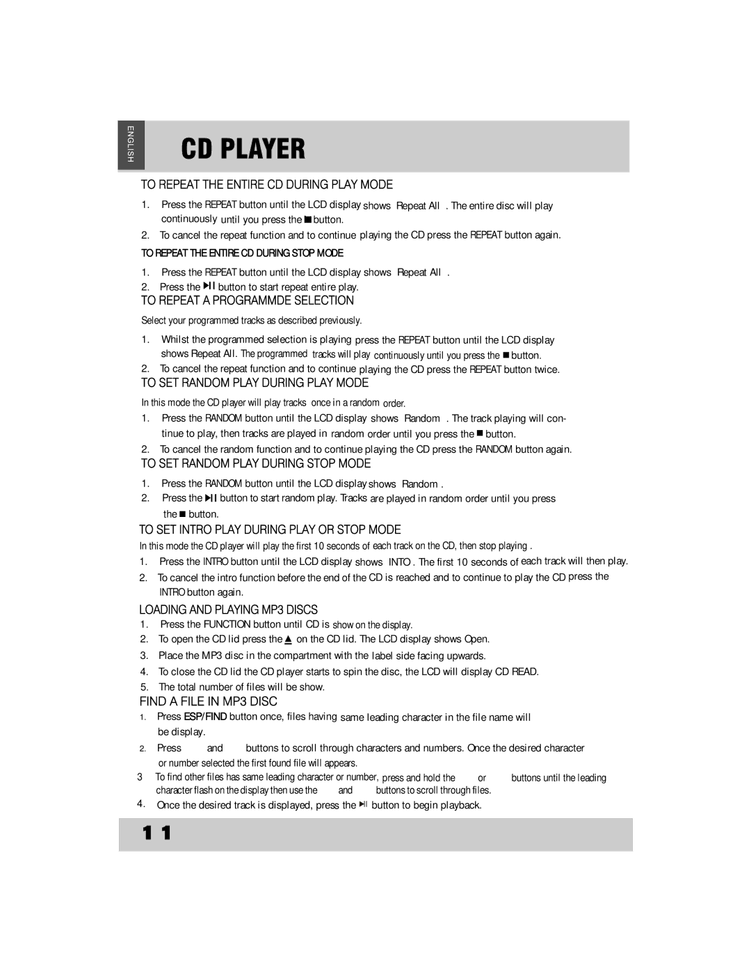 Grundig CDS2500IPW manual To Repeat the Entire CD During Play Mode, To Repeat the Entire CD During Stop Mode 